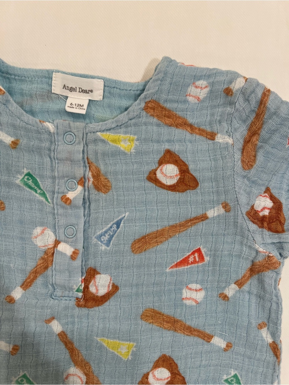 Angel Dear Light Blue Baseball Muslin Baby One-Piece - Picture 2 of 5